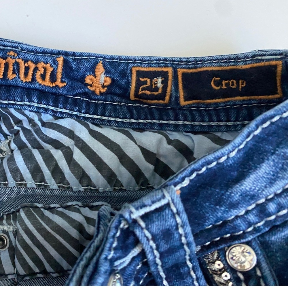 Rock Revival Darcey Crop Jeans Womens 25 Dark Wash Distressed Sequin Rhinestone - Picture 8 of 9